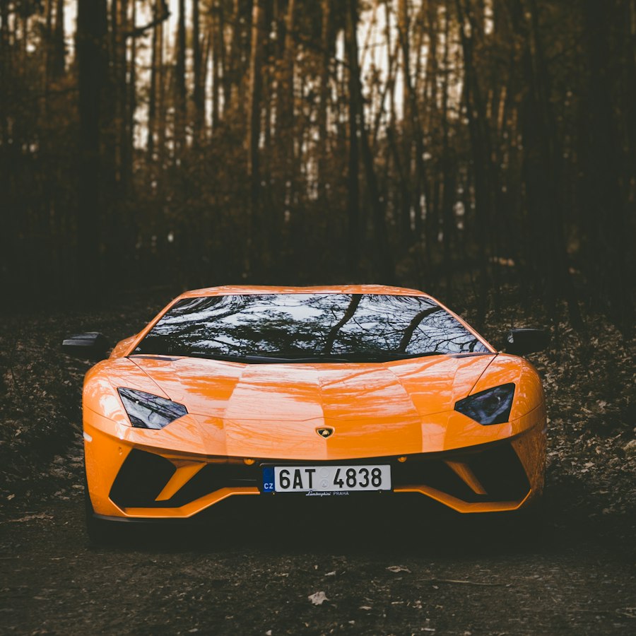 Orange supercar parked in a dark forest.
