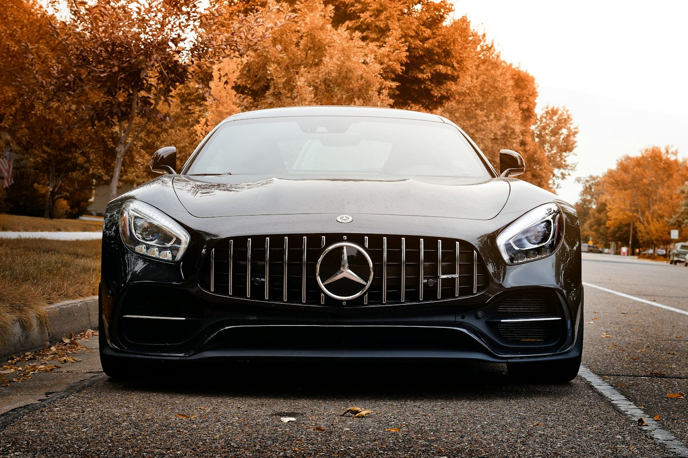 Grand tourer photographed on an autumn road.