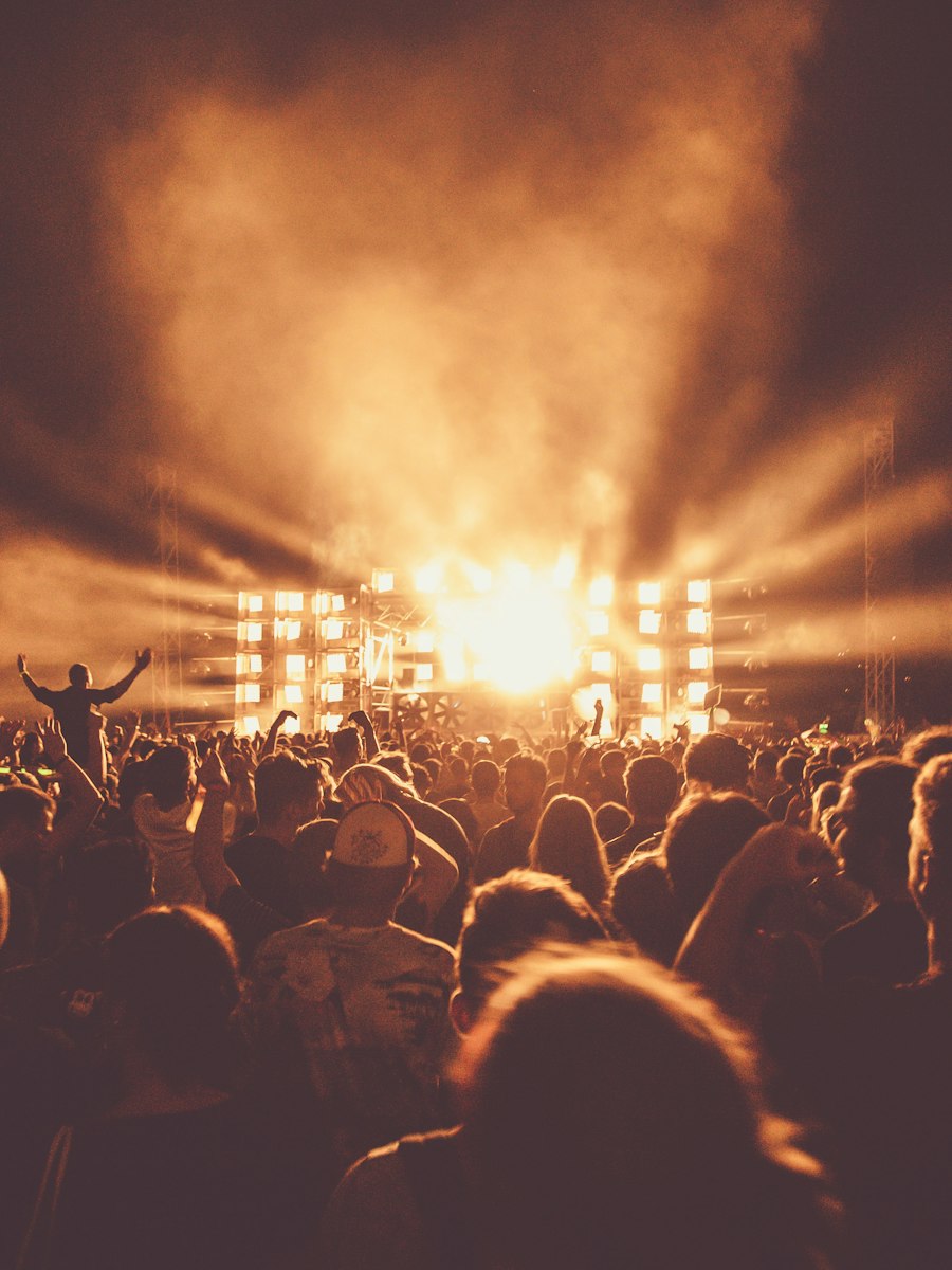 Crowd at a live event lit by stage lights.